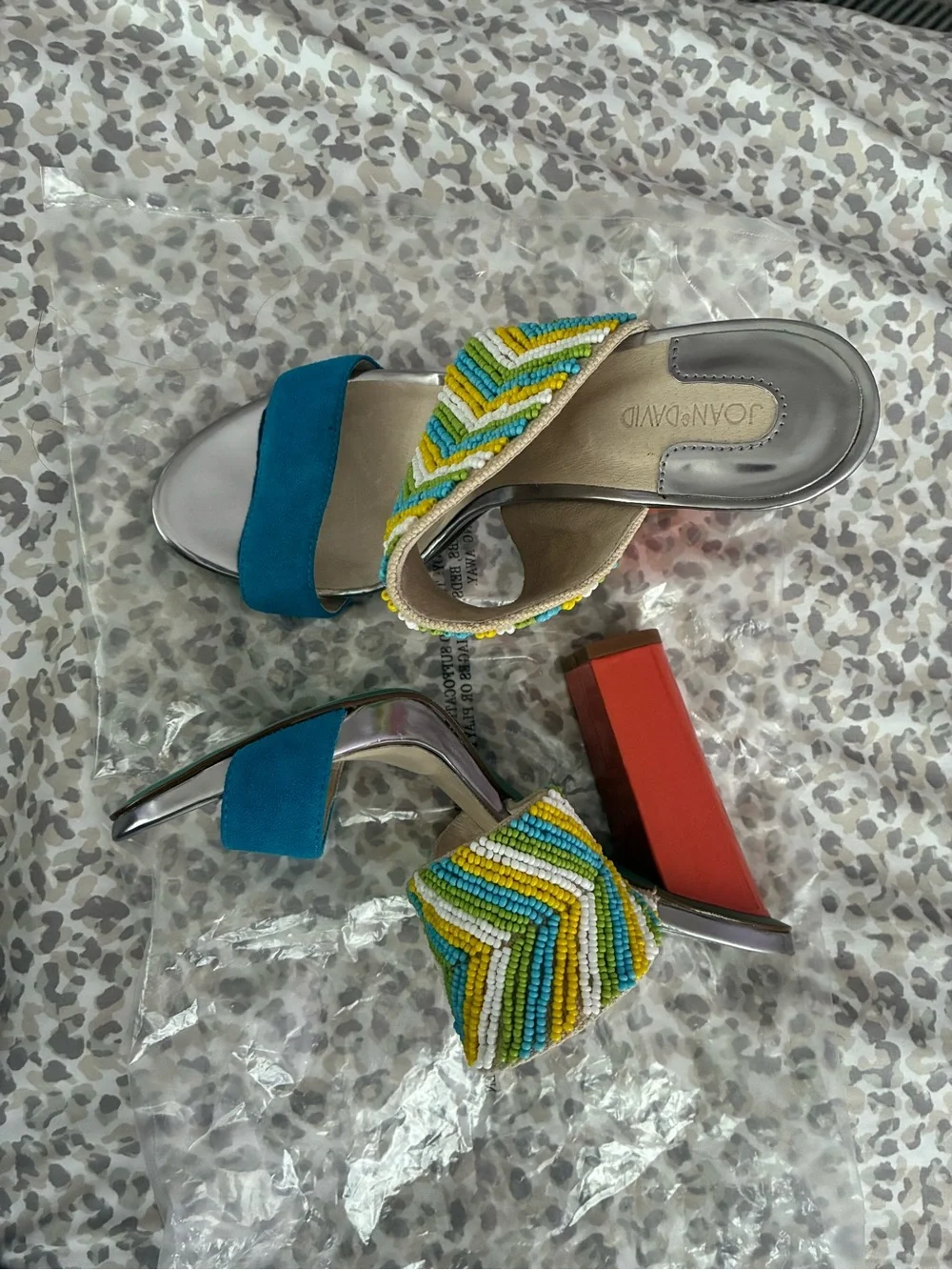Joan & David Beaded Chevron Heels in Turquoise and Yellow